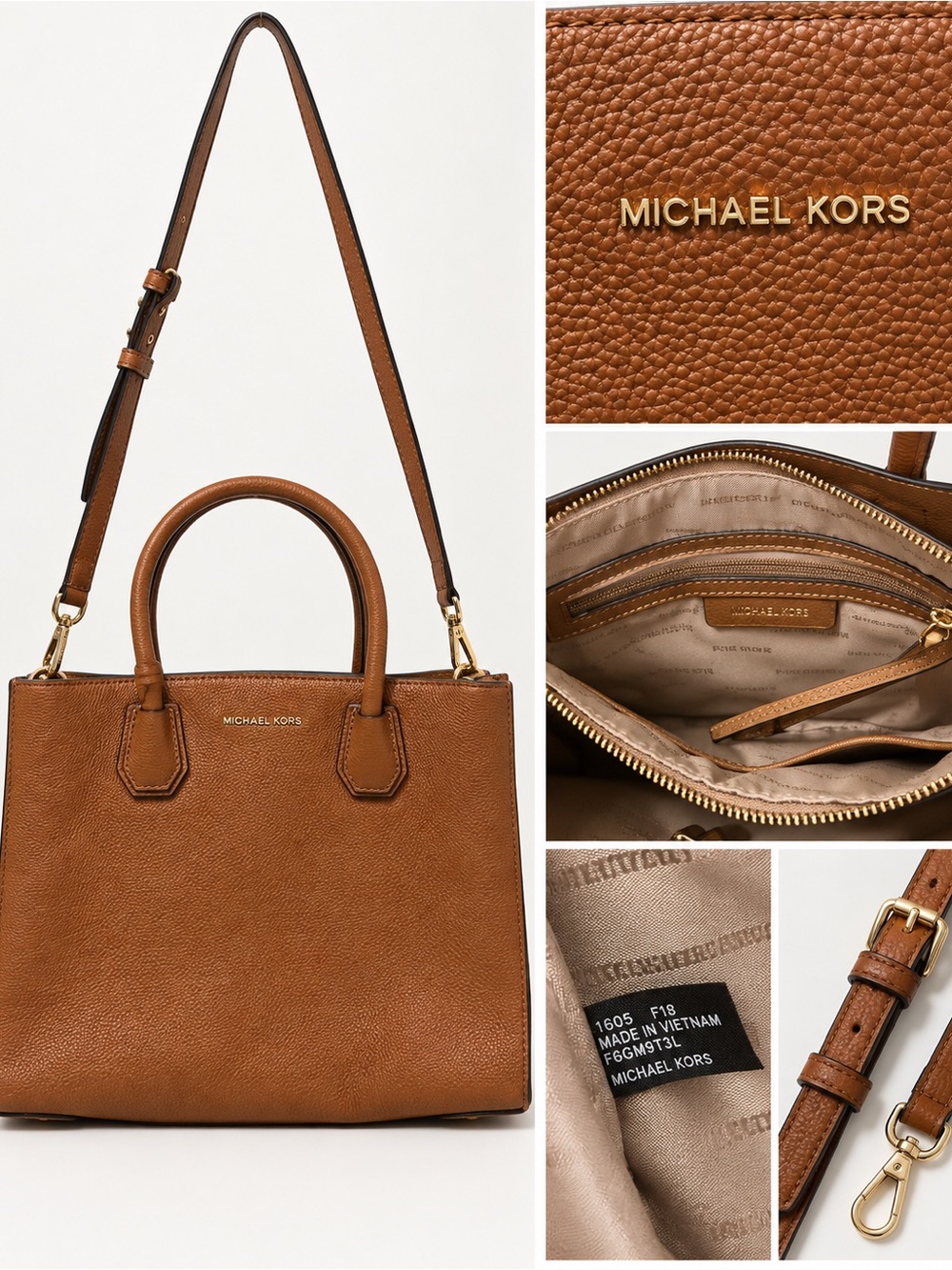 Michael Kors Brown Pebbled Leather Messenger Tote with Gold Hardware